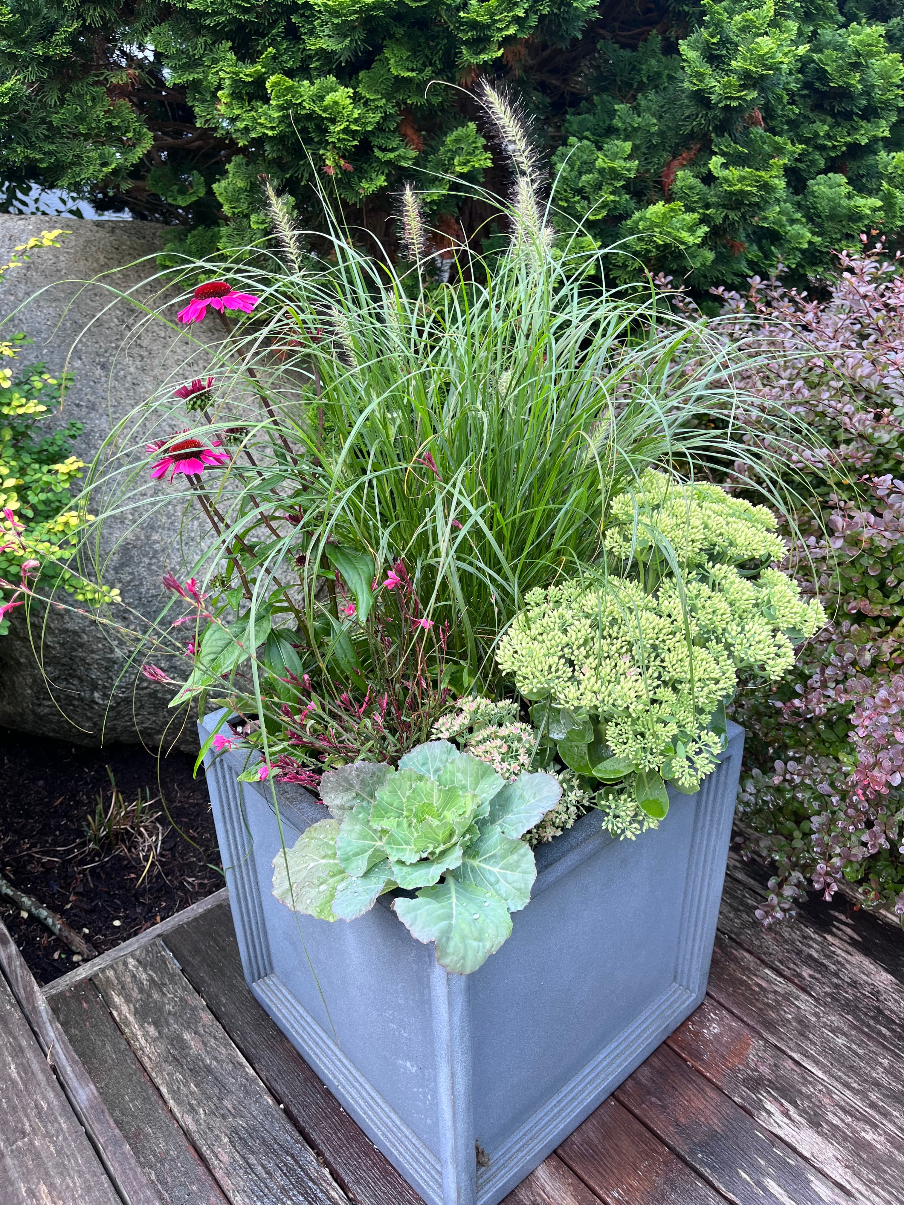 Custom planter with seasonal flowers